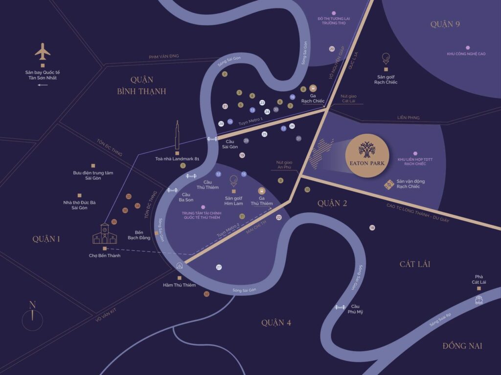 Bản đồ vị trí Eaton Park và các điểm kết nối xung quanh Thủ Đức, Quận 1, Thủ Thiêm | Eaton Park location map showing connections to Thu Duc, District 1, Thu Thiem
