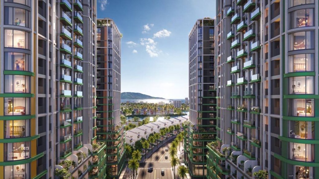 Không gian giữa các tòa tháp Sun FourS Tower với đại lộ cây xanh, hướng tầm nhìn ra sông và núi | Space between Sun FourS Tower blocks with tree-lined boulevard, view toward river and hills