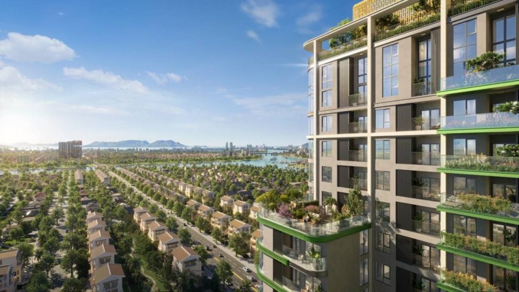 Căn hộ sân vườn FourS Jardin tại Sun FourS Tower với ban công trồng cây xanh nhìn ra khu nhà thấp tầng và sông phía xa | FourS Jardin garden apartment at Sun FourS Tower with a planted terrace overlooking the low-rise neighbourhood and the river