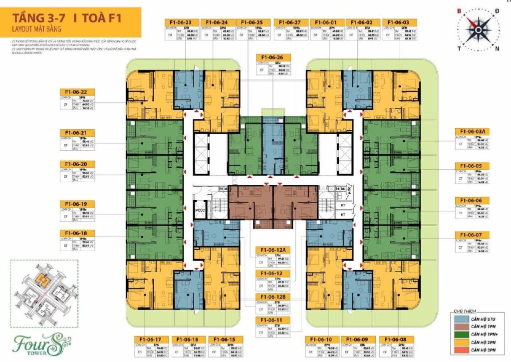 Mặt bằng tầng điển hình tòa F1 Sun FourS Tower với các căn Studio, 1PN, 1PN+, 2PN và 3PN phân màu theo loại căn quanh lõi thang máy | Typical floor plan of Sun FourS Tower block F1 with colour-coded Studio, 1BR, 1BR+, 2BR and 3BR units around the lift core