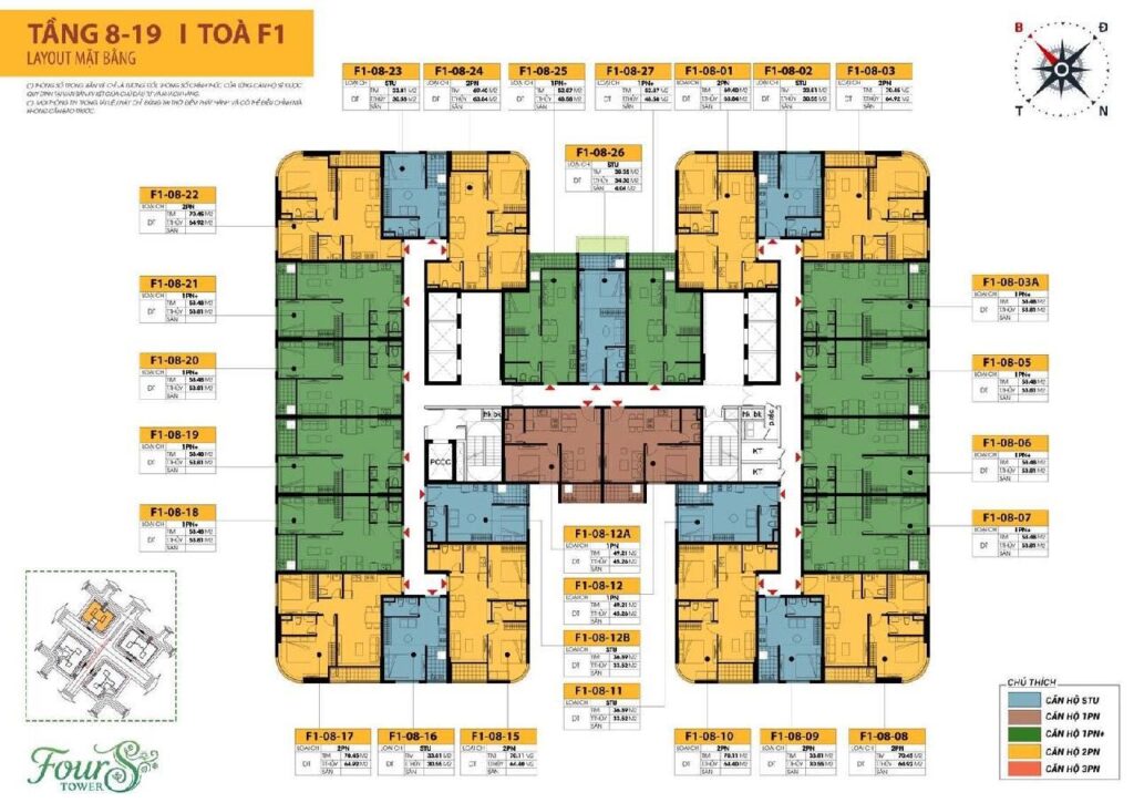 Mặt bằng tầng điển hình khối trên tòa F1 Sun FourS Tower thể hiện diện tích tim tường và thông thủy của từng căn hộ | Typical upper-level floor plan of Sun FourS Tower block F1 showing gross and net area of every unit
