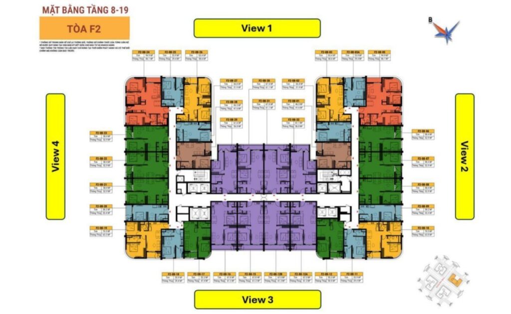 Mặt bằng tầng điển hình tòa F2 Sun FourS Tower kèm bốn hướng tầm nhìn View 1 đến View 4 quanh tòa nhà | Typical floor plan of Sun FourS Tower block F2 with the four view orientations marked around the building