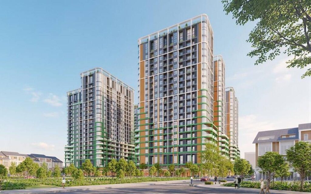 Phối cảnh khối đế và quảng trường cây xanh Sun FourS Tower vào ban ngày | Podium and landscaped plaza rendering of Sun FourS Tower in daytime