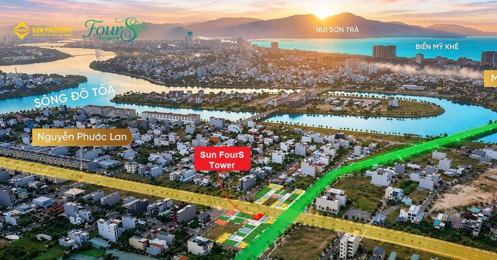 Bản đồ vị trí Sun FourS Tower tại giao lộ Minh Mạng – Nguyễn Phước Lan, Hòa Quý, Nam Đà Nẵng, kề sông Đô Tỏa và hướng ra biển Mỹ Khê | Sun FourS Tower location map at the Minh Mang – Nguyen Phuoc Lan junction in Hoa Quy, South Da Nang