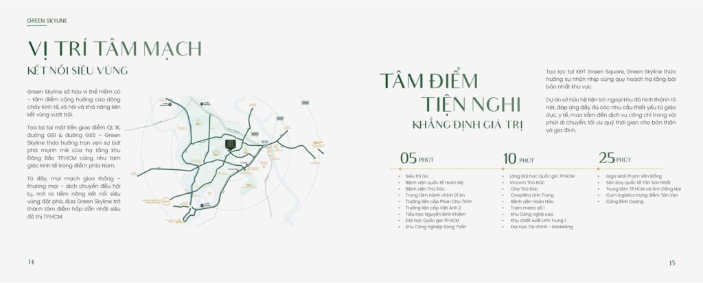 Bản đồ kết nối vùng Green Skyline Dĩ An với Quốc lộ 1K, tuyến metro số 1, Làng Đại học Quốc gia và trung tâm TP.HCM | Green Skyline Di An regional connectivity map showing Highway 1K, Metro Line 1, the National University Village and central Ho Chi Minh City