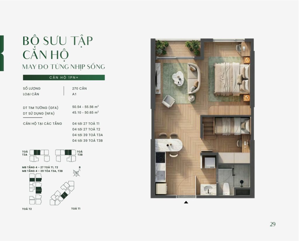 Bản vẽ layout căn hộ 1PN+ mẫu A1 tại Green Skyline Dĩ An, diện tích tim tường 50,54 – 55,56 m² và diện tích sử dụng 45,10 – 50,65 m² | Layout drawing of the 1-bedroom-plus type A1 apartment at Green Skyline Di An, 50,54 – 55,56 sqm gross and 45,10 – 50,65 sqm net floor area