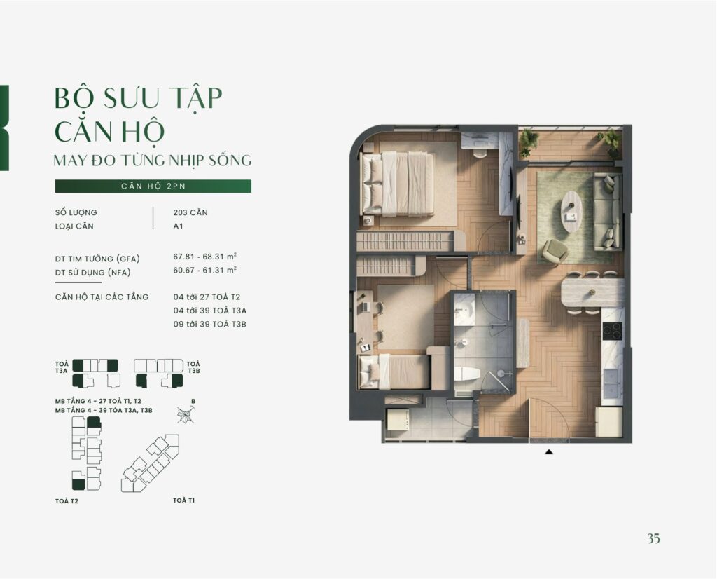 Bản vẽ layout căn hộ 2PN mẫu A1 tại Green Skyline Dĩ An, diện tích tim tường 67,81 – 68,31 m² và diện tích sử dụng 60,67 – 61,31 m² | Layout drawing of the 2-bedroom type A1 apartment at Green Skyline Di An, 67,81 – 68,31 sqm gross and 60,67 – 61,31 sqm net floor area