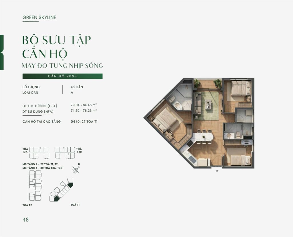 Bản vẽ layout căn hộ 2PN+ mẫu A tại Green Skyline Dĩ An, diện tích tim tường 79,04 – 84,45 m² và diện tích sử dụng 71,52 – 76,23 m² | Layout drawing of the 2-bedroom-plus type A apartment at Green Skyline Di An, 79,04 – 84,45 sqm gross and 71,52 – 76,23 sqm net floor area