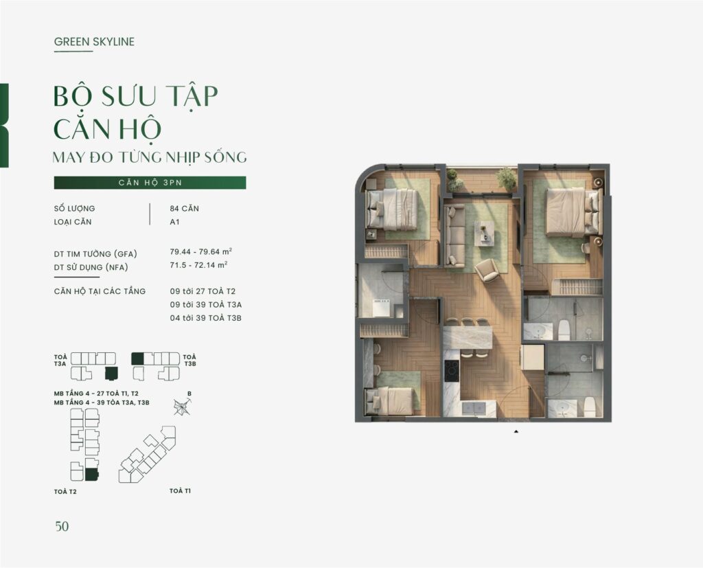 Bản vẽ layout căn hộ 3PN mẫu A1 tại Green Skyline Dĩ An, diện tích tim tường 79,44 – 79,64 m² và diện tích sử dụng 71,50 – 72,14 m² | Layout drawing of the 3-bedroom type A1 apartment at Green Skyline Di An, 79,44 – 79,64 sqm gross and 71,50 – 72,14 sqm net floor area
