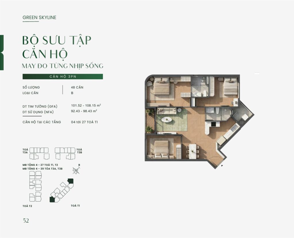 Bản vẽ layout căn hộ 3PN mẫu B tại Green Skyline Dĩ An, diện tích tim tường 101,52 – 108,15 m² và diện tích sử dụng 92,43 – 98,43 m² | Layout drawing of the 3-bedroom type B apartment at Green Skyline Di An, 101,52 – 108,15 sqm gross and 92,43 – 98,43 sqm net floor area