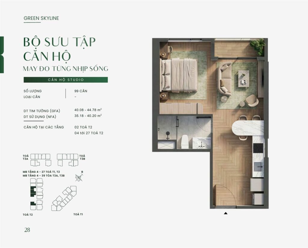 Bản vẽ layout căn hộ Studio tại Green Skyline Dĩ An, diện tích tim tường 40,08 – 44,78 m² và diện tích sử dụng 35,18 – 40,20 m² | Layout drawing of the studio apartment at Green Skyline Di An, 40,08 – 44,78 sqm gross and 35,18 – 40,20 sqm net floor area