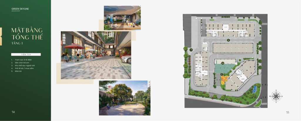 Mặt bằng tổng thể tầng 1 Green Skyline Dĩ An thể hiện trạm sạc ô tô điện, sân chơi trẻ em, khu thể dục ngoài trời, phố đi bộ mua sắm và nhà trẻ | Green Skyline Di An level 1 master site plan showing EV charging station, children playground, outdoor fitness area, shopping promenade and kindergarten