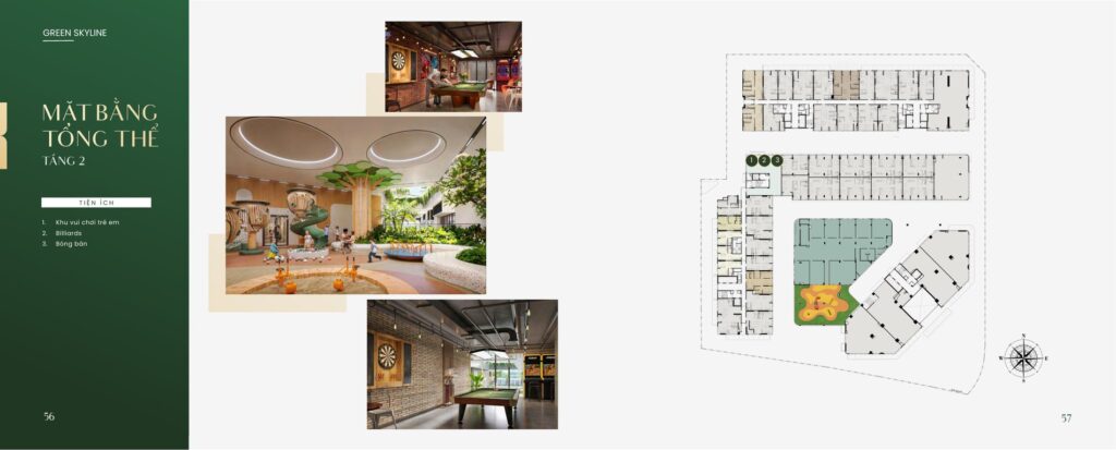 Mặt bằng tổng thể tầng 2 Green Skyline Dĩ An thể hiện khu vui chơi trẻ em trong nhà, phòng billiards và khu bóng bàn | Green Skyline Di An level 2 master site plan showing indoor children play zone, billiards room and table-tennis area