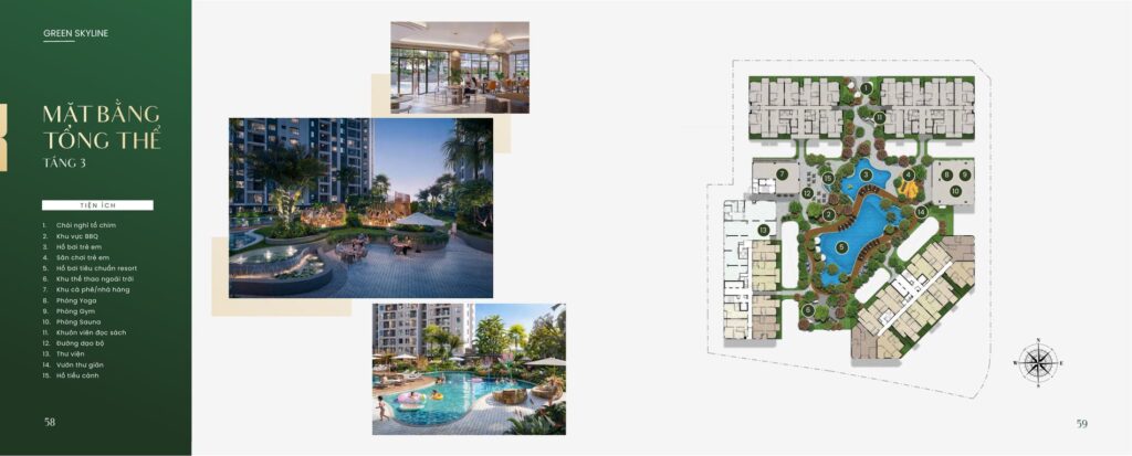 Mặt bằng tổng thể tầng 3 Green Skyline Dĩ An thể hiện hồ bơi tiêu chuẩn resort, hồ bơi trẻ em, khu BBQ, phòng gym, yoga, sauna, thư viện và vườn thư giãn | Green Skyline Di An level 3 master site plan showing resort-standard pool, kids pool, BBQ area, gym, yoga room, sauna, library and relaxation garden
