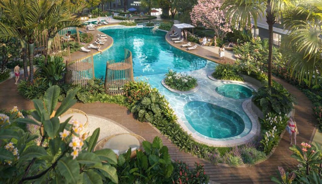 Khu hồ bơi và cảnh quan xanh tại Green Skyline, tiện ích chuẩn City Resort | Green Skyline pool and landscaped amenity area, City Resort standard