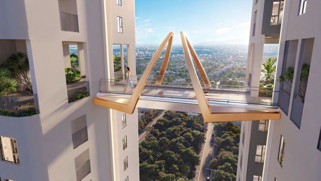 Cầu đi bộ trên cao kết nối các tòa tháp Green Skyline, tầm nhìn ra toàn cảnh đô thị Dĩ An | Elevated sky bridge linking Green Skyline towers with panoramic Di An city view