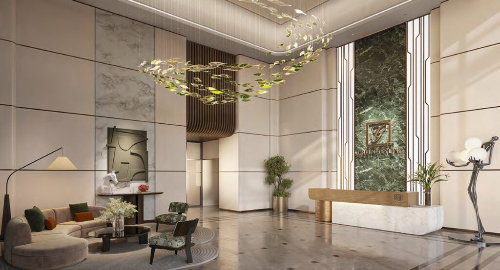 Sảnh đón tiếp cư dân Green Skyline Dĩ An với trần cao, đèn nghệ thuật và khu chờ bọc nệm | Green Skyline Di An residential lobby with a high ceiling, sculptural lighting and an upholstered waiting lounge
