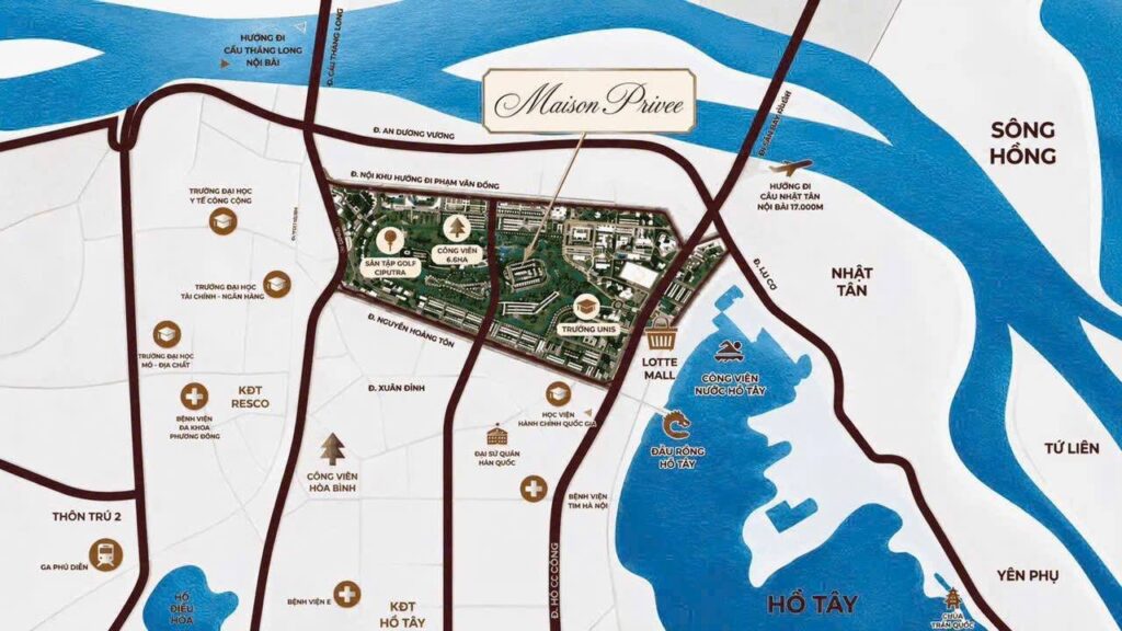 Vị trí Maison Privée tại Tây Hồ, giữa sông Hồng và Hồ Tây | Location of Maison Privee in Tay Ho, between the Red River and West Lake
