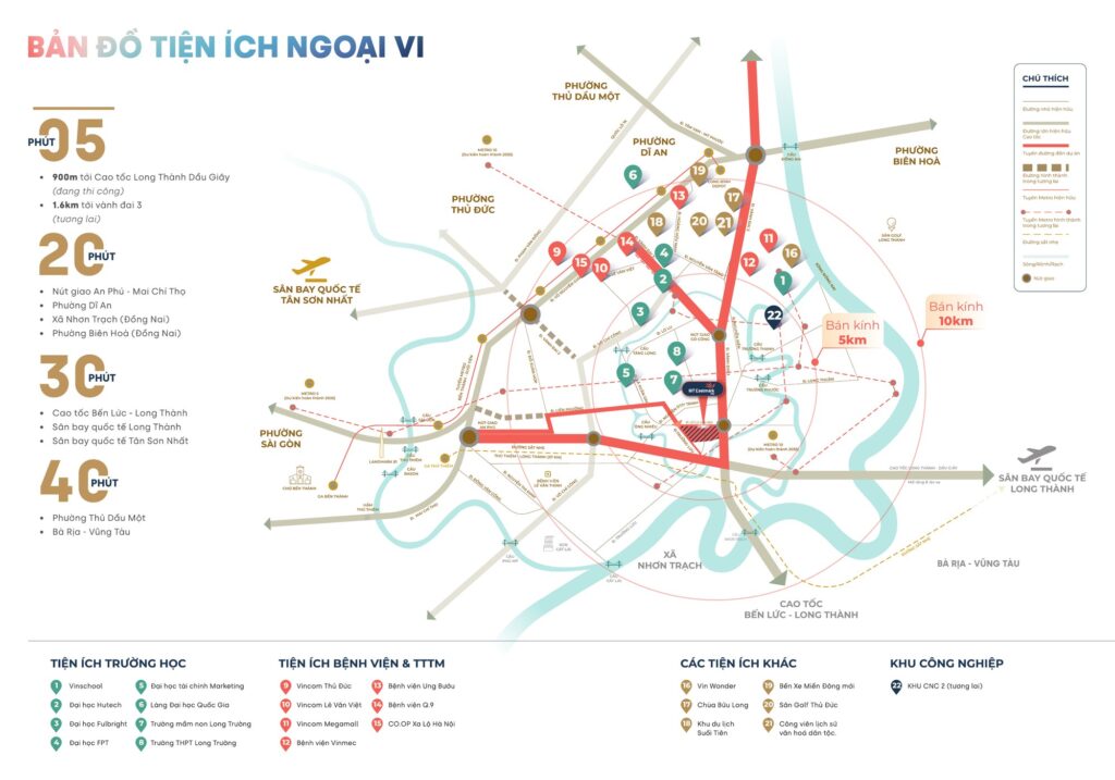Bản đồ vị trí MT Eastmark City tại phường Long Trường Thủ Đức với bán kính di chuyển 5, 20, 30, 40 phút tới các trung tâm | MT Eastmark City location map showing 5, 20, 30 and 40 minute travel radii to major hubs