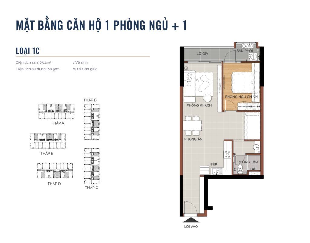 Layout căn hộ 1 phòng ngủ cộng loại 1C MT Eastmark City diện tích sàn 65,2m² và diện tích sử dụng 60,9m² | MT Eastmark City one bedroom plus layout type 1C with 65.2 sqm built area and 60.9 sqm usable area