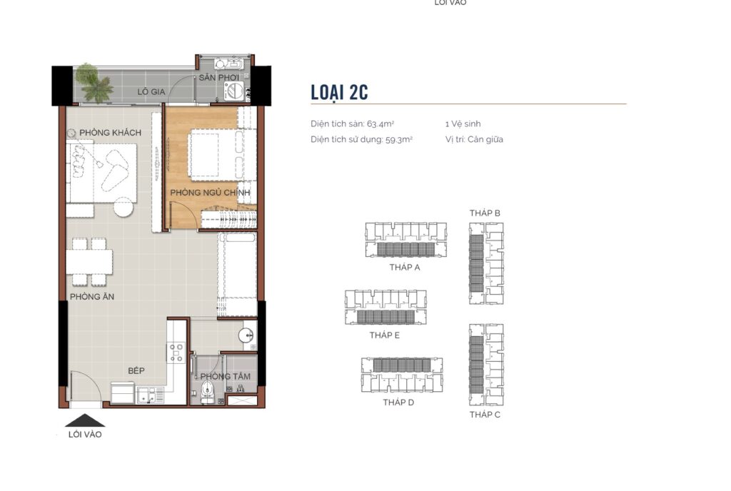 Layout căn hộ 1 phòng ngủ cộng loại 2C MT Eastmark City diện tích sàn 63,4m² và diện tích sử dụng 59,3m² | MT Eastmark City one bedroom plus layout type 2C with 63.4 sqm built area and 59.3 sqm usable area