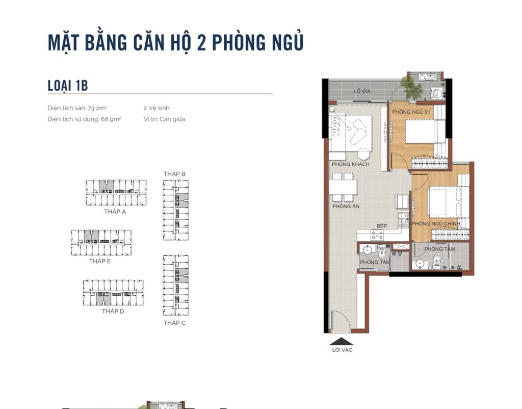 Layout căn hộ 2 phòng ngủ loại 1B MT Eastmark City diện tích sàn 73,2m², 2 vệ sinh, vị trí căn giữa | MT Eastmark City two bedroom layout type 1B with 73.2 sqm built area, two bathrooms, mid stack position