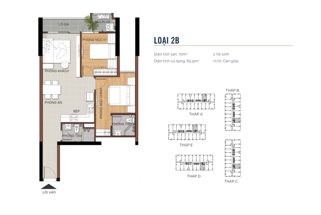 Layout căn hộ 2 phòng ngủ loại 2B MT Eastmark City diện tích sàn 70m², diện tích sử dụng 65,9m², 2 vệ sinh | MT Eastmark City two bedroom layout type 2B with 70 sqm built area, 65.9 sqm usable area and two bathrooms