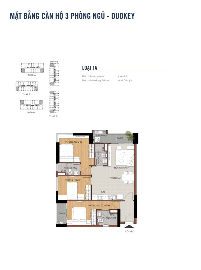 Layout căn hộ 3 phòng ngủ Duokey loại 1A MT Eastmark City diện tích sàn 95,5m², 3 vệ sinh, vị trí căn góc | MT Eastmark City three bedroom Duokey layout type 1A with 95.5 sqm built area, three bathrooms, corner position
