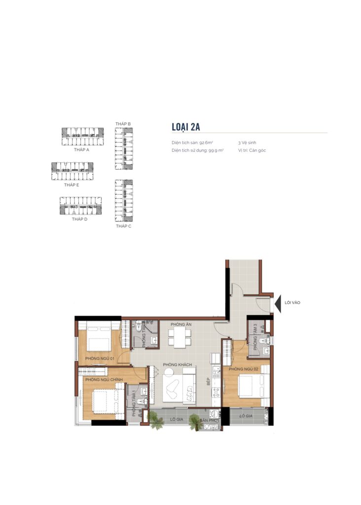 Layout căn hộ 3 phòng ngủ Duokey loại 2A MT Eastmark City diện tích sàn 92,6m², sử dụng 99,9m², vị trí căn góc | MT Eastmark City three bedroom Duokey layout type 2A, 92.6 sqm built area and corner position