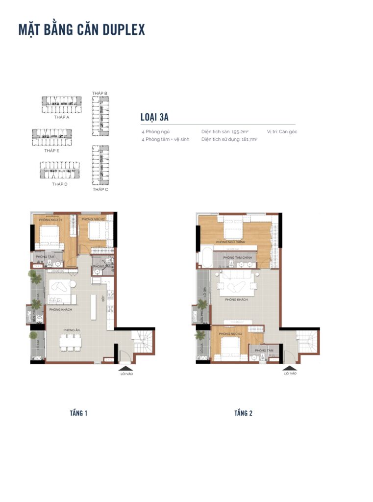 Layout căn Duplex loại 3A MT Eastmark City 4 phòng ngủ, diện tích sàn 195,2m², thông tầng, vị trí căn góc | MT Eastmark City duplex layout type 3A with four bedrooms, 195.2 sqm built area and corner position