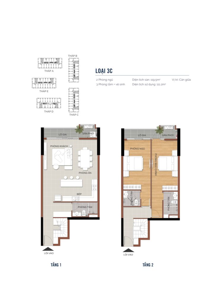 Layout căn Duplex loại 3C MT Eastmark City 2 phòng ngủ, diện tích sàn 119,5m², thông tầng, vị trí căn giữa | MT Eastmark City duplex layout type 3C with two bedrooms, 119.5 sqm built area and mid stack position
