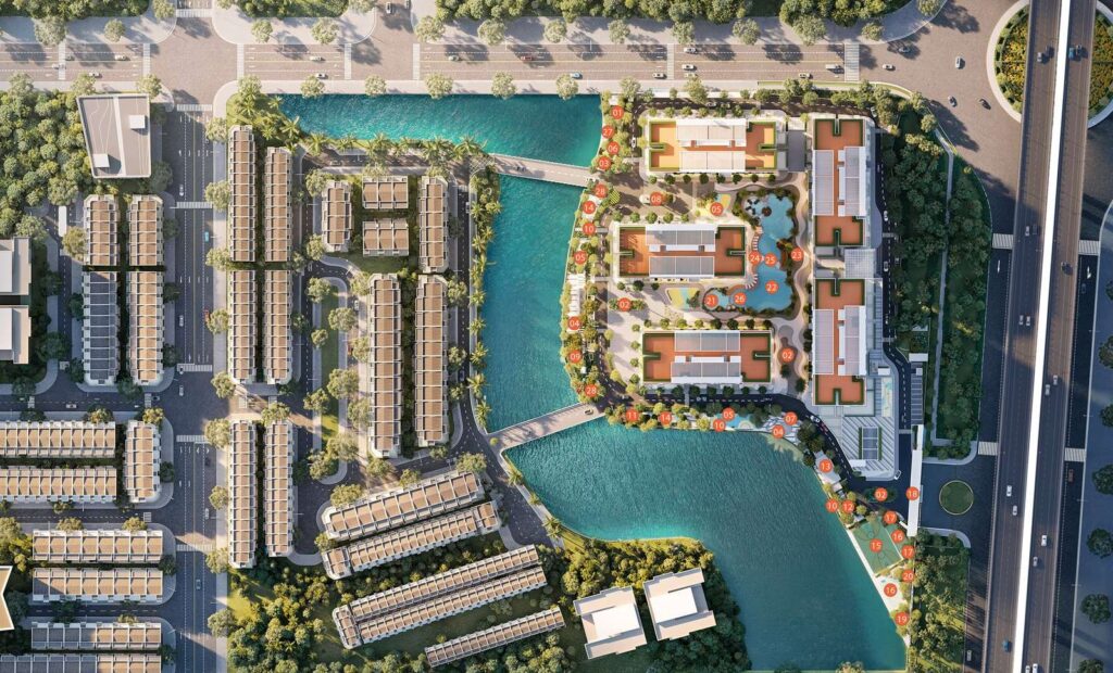 Mặt bằng tổng thể dự án MT Eastmark City với 5 toà tháp và hồ kênh nội khu | MT Eastmark City overall site plan with 5 towers and internal lake canal