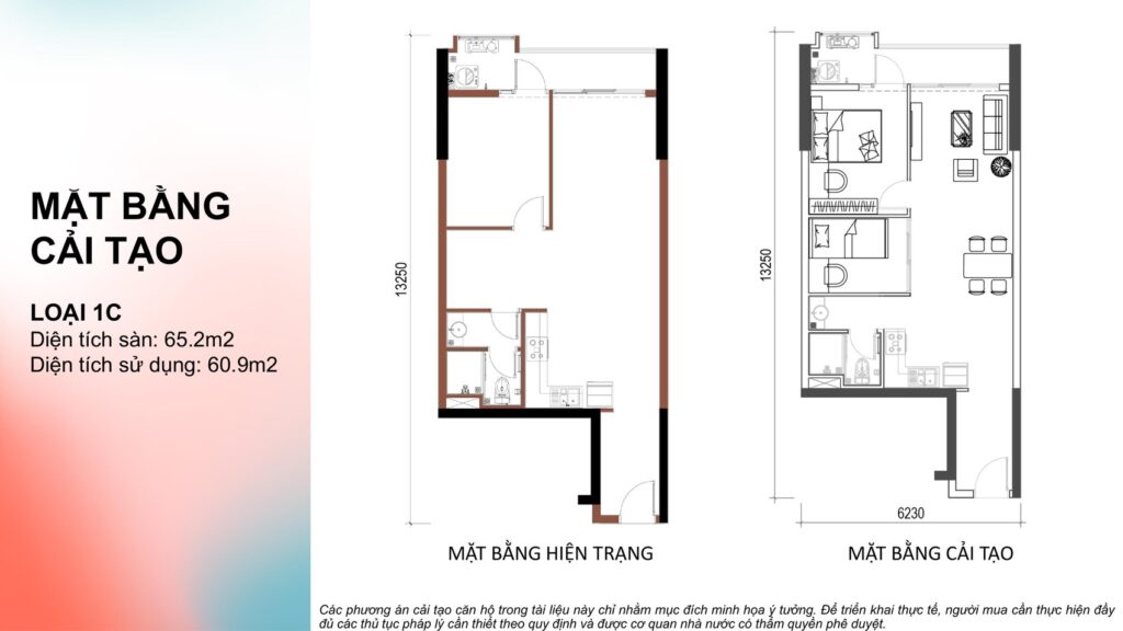 Mặt bằng hiện trạng và mặt bằng cải tạo căn loại 1C MT Eastmark City chuyển từ 1 phòng ngủ cộng thành 2 phòng ngủ | MT Eastmark City as built and reconfigured plans turning type 1C from one bedroom plus into two bedrooms