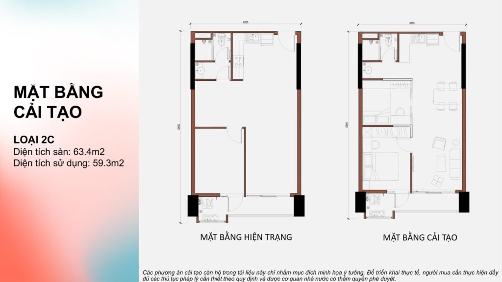 Mặt bằng hiện trạng và mặt bằng cải tạo căn loại 2C MT Eastmark City chuyển từ 1 phòng ngủ cộng thành 2 phòng ngủ | MT Eastmark City as built and reconfigured plans turning type 2C from one bedroom plus into two bedrooms