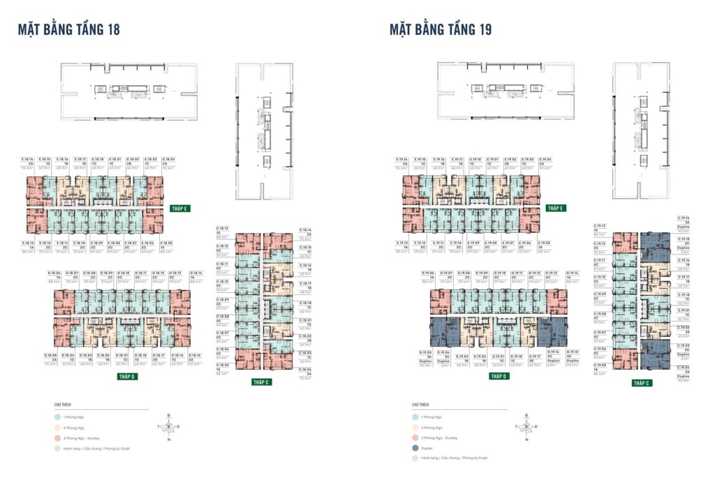 Mặt bằng tầng 18 và tầng 19 MT Eastmark City chỉ còn ba toà tháp C, D, E có căn hộ, tầng 19 xuất hiện thêm căn Duplex hai tầng | MT Eastmark City floor 18 and floor 19 plans where only towers C, D and E carry apartments, with two storey duplex units on floor 19