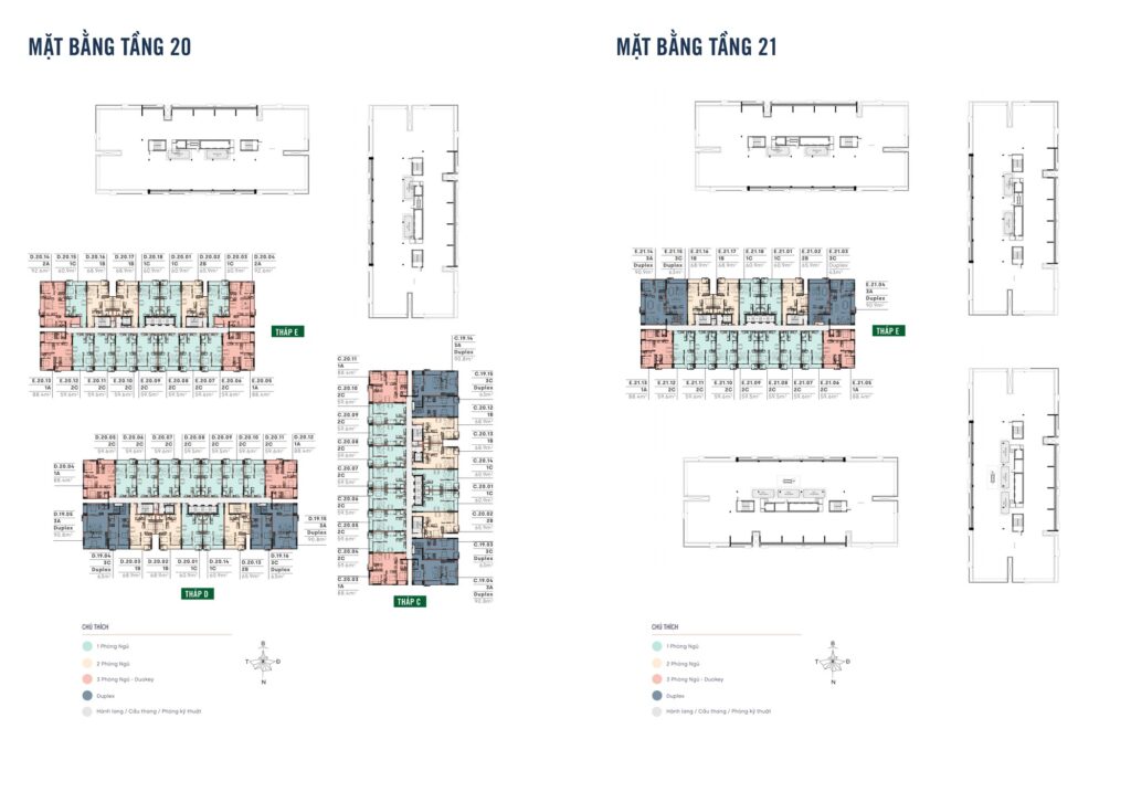 Mặt bằng tầng 20 và tầng 21 MT Eastmark City nơi tập trung nhiều căn Duplex hai tầng tại các tháp C, D và E | MT Eastmark City floor 20 and floor 21 plans concentrating two storey duplex units in towers C, D and E