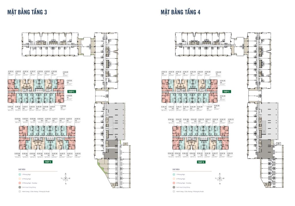 Mặt bằng tầng 3 và tầng 4 MT Eastmark City với căn hộ bố trí tại tháp D và tháp E, chú thích màu theo số phòng ngủ | MT Eastmark City floor 3 and floor 4 plans covering towers D and E, colour coded by bedroom count