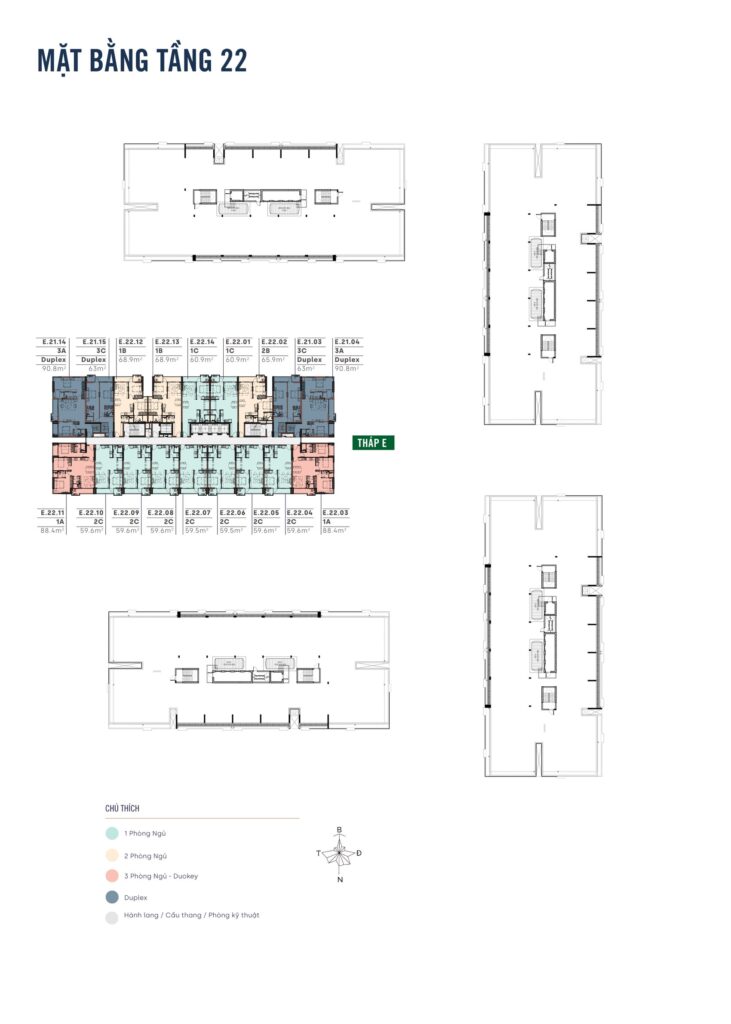 Mặt bằng tầng 22 MT Eastmark City, sàn căn hộ trên cùng của dự án chỉ còn tháp E với các căn Duplex và căn góc | MT Eastmark City floor 22 plan, the topmost residential level where only tower E remains with duplex and corner units