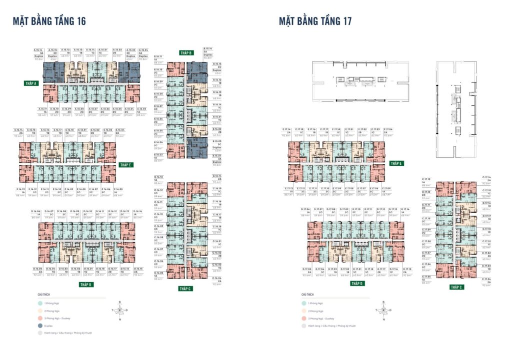 Mặt bằng tầng 16 và tầng 17 MT Eastmark City, tầng 16 còn đủ năm toà tháp còn tầng 17 chỉ còn tháp C, D và E | MT Eastmark City floor 16 and floor 17 plans, five towers on floor 16 and only towers C, D and E on floor 17