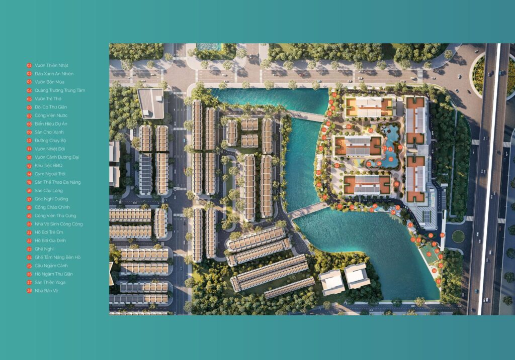 Mặt bằng tổng thể MT Eastmark City Thủ Đức với 5 toà tháp A, B, C, D, E bao quanh hồ cảnh quan và 28 hạng mục tiện ích nội khu | MT Eastmark City master site plan with five towers around the landscape lake and 28 on-site amenities