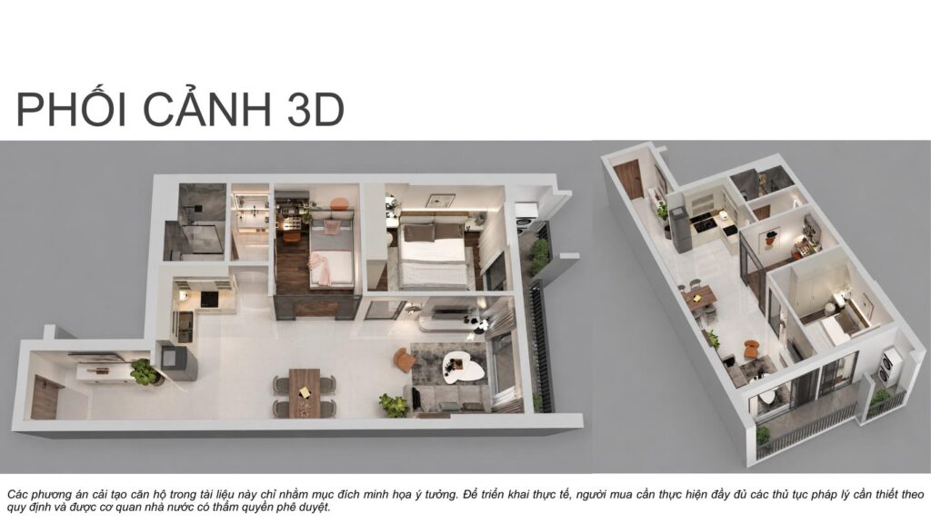 Phối cảnh 3D căn loại 1C MT Eastmark City sau khi cải tạo thành hai phòng ngủ với bếp và khu sinh hoạt chung | MT Eastmark City 3D view of type 1C after conversion into two bedrooms with kitchen and living area