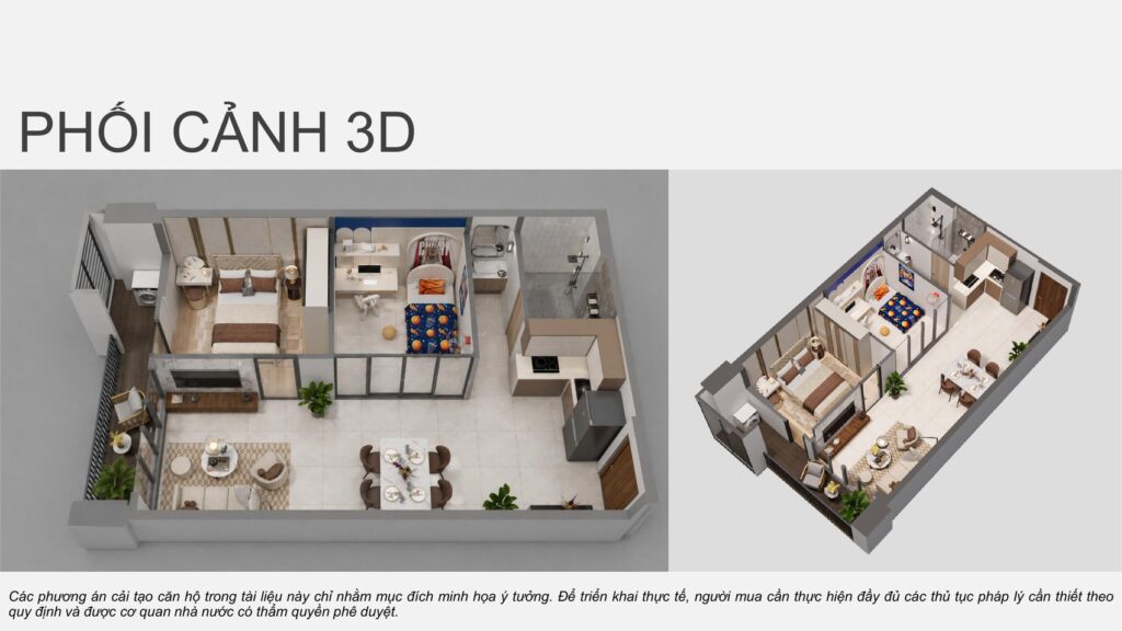Phối cảnh 3D căn loại 2C MT Eastmark City sau khi cải tạo thành hai phòng ngủ, một phòng dành cho trẻ nhỏ | MT Eastmark City 3D view of type 2C after conversion into two bedrooms including a children's room