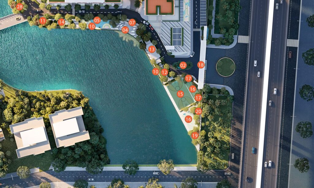 Hồ cảnh quan MT Eastmark City cùng sân thể thao đa năng, sân cầu lông, công viên thú cưng và góc nghỉ dưỡng ven hồ | MT Eastmark City landscape lake with multipurpose sports court, badminton court, pet park and lakeside rest corners