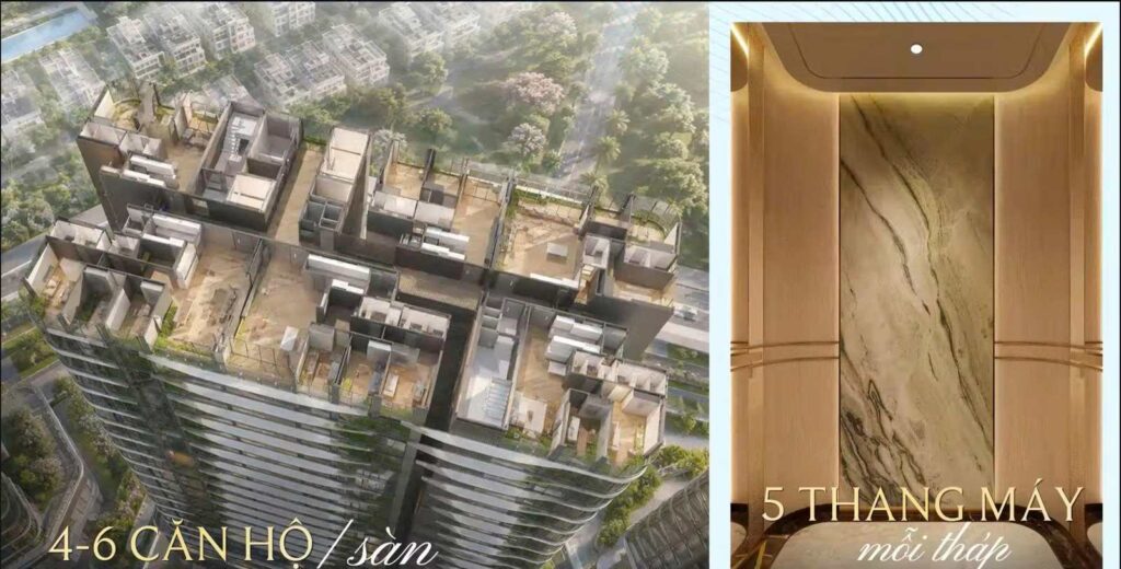 Mật độ 4-6 căn hộ mỗi sàn và 5 thang máy mỗi tháp Palm River | Palm River 4-6 units per floor, 5 lifts per tower