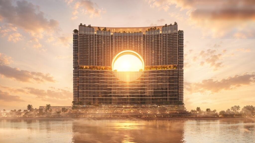 Mặt đứng Sun Galaxy Complex nhìn thẳng từ sông Hàn, ánh nắng hoàng hôn xuyên qua vòng tròn Moon Gate, phía dưới là quảng trường và khán đài sự kiện ven sông | Sun Galaxy Complex front elevation seen from the Han River with sunset light through the Moon Gate and the riverside event plaza below
