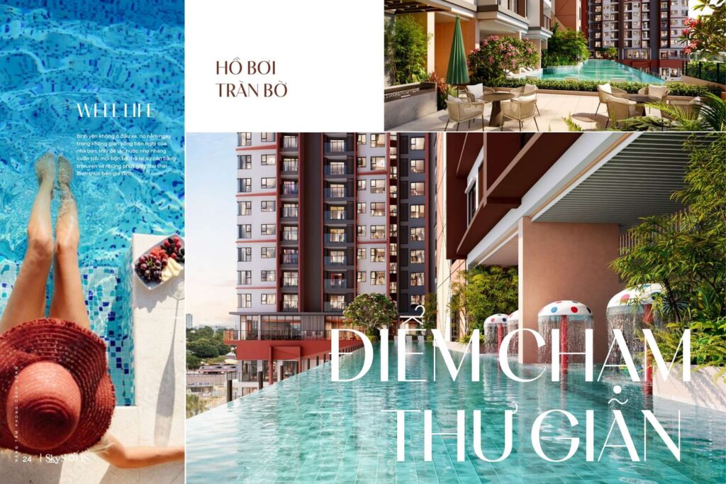 Hồ bơi tràn bờ và hồ bơi trẻ em tầng 6 dự án SkySOLIS | Infinity pool and children's pool on level 6 at SkySOLIS