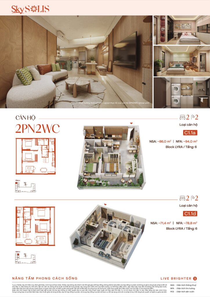 Mặt bằng căn hộ 2 phòng ngủ 2 vệ sinh SkySOLIS | SkySOLIS 2-bedroom 2-bathroom unit floor plan