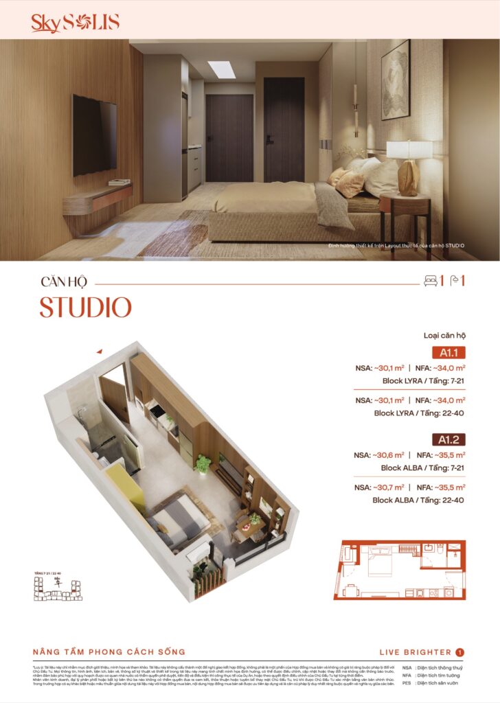Mặt bằng căn hộ Studio SkySOLIS diện tích 30–31m² thông thuỷ | SkySOLIS Studio unit floor plan, 30–31 sqm net area