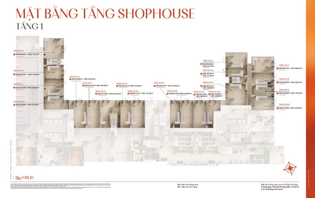 Mặt bằng tầng 1 shophouse SkySOLIS, 20 căn thương mại dịch vụ | SkySOLIS ground-floor shophouse plan, 20 retail units