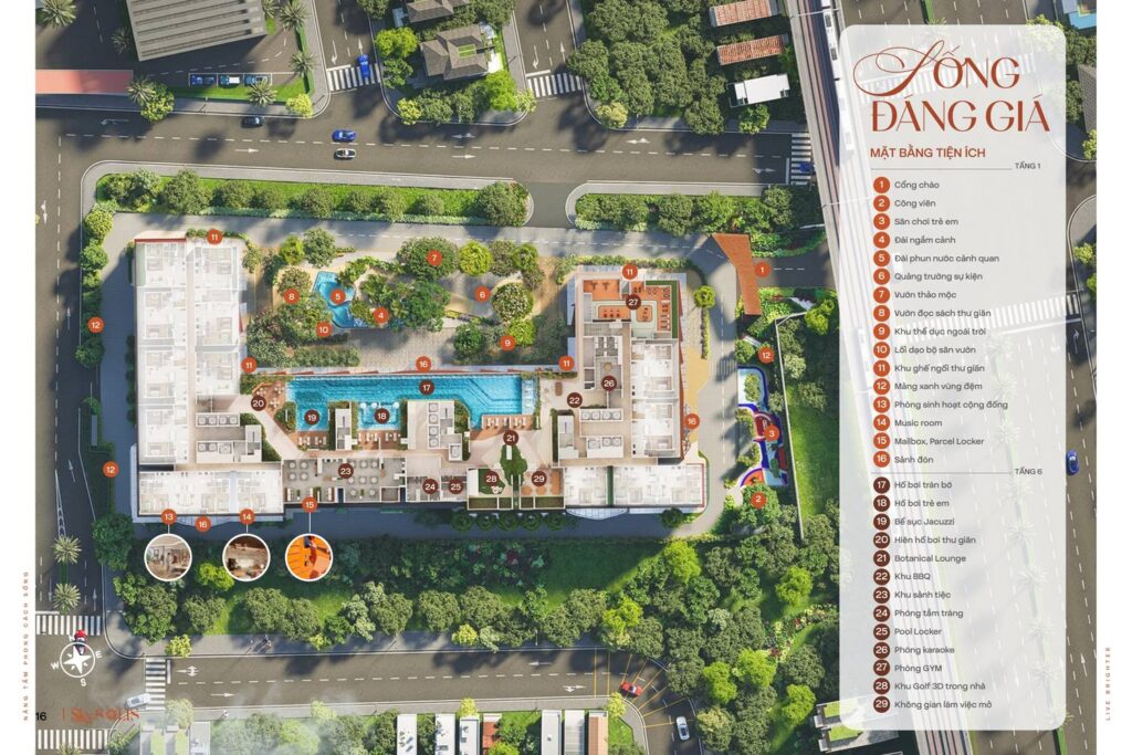 Mặt bằng tiện ích tầng 1 và tầng 6 dự án SkySOLIS | SkySOLIS amenity masterplan on levels 1 and 6